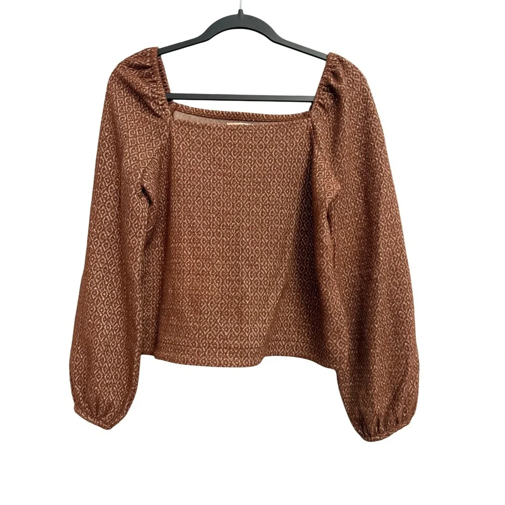 Madewell XS Rust Brown Jacquard Diamond Square Neck Puff Sleeve Top Blouse
